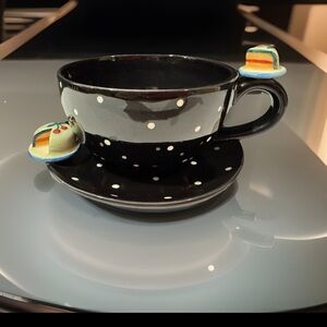 Dept 56 Polka Dot Black and White Whimsical Teacup with Saucer with Sliced Cake